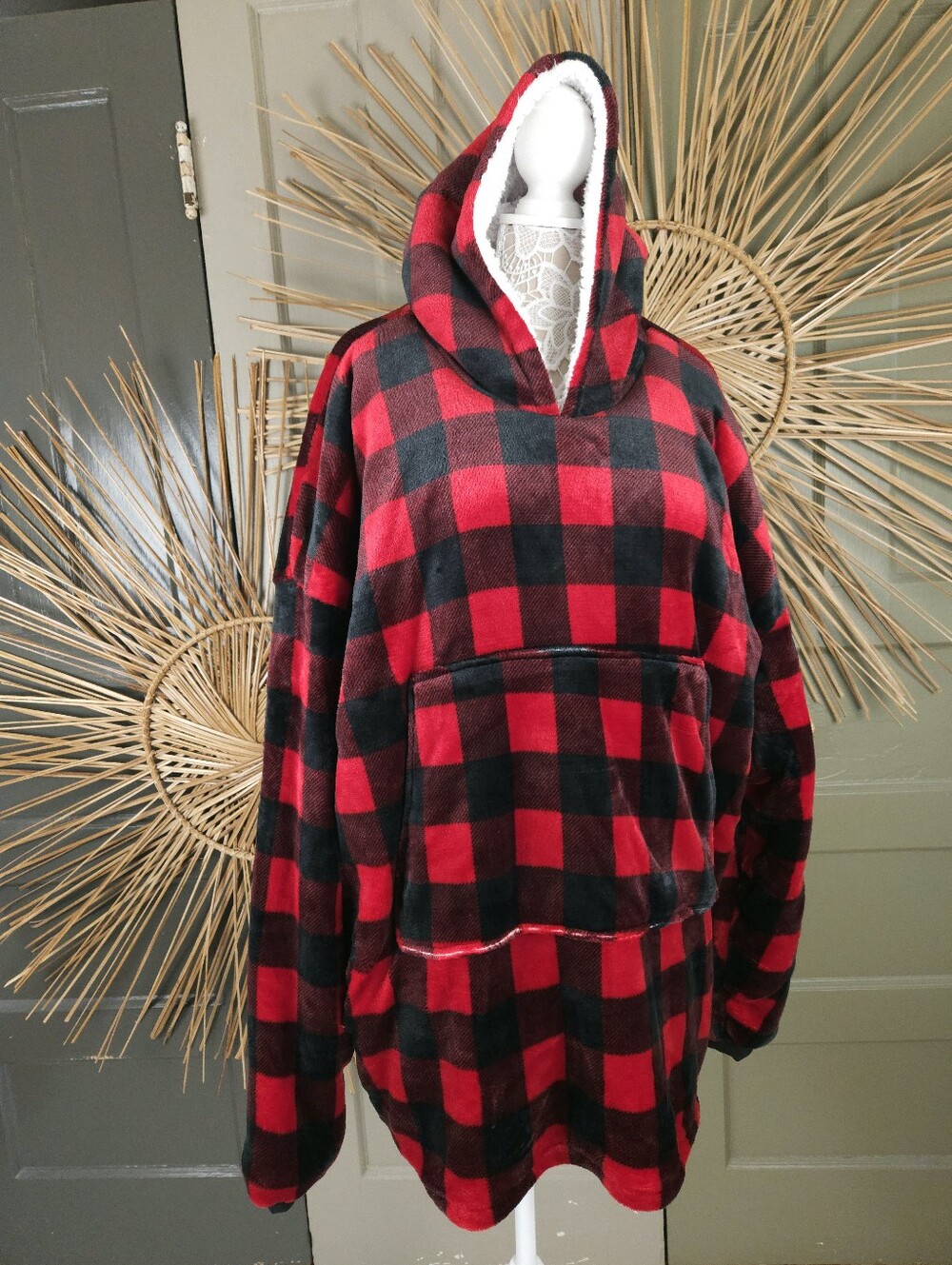 Homemate Oversized Wearable Fleece And Sherpa Blanket Red Black Plaid OS